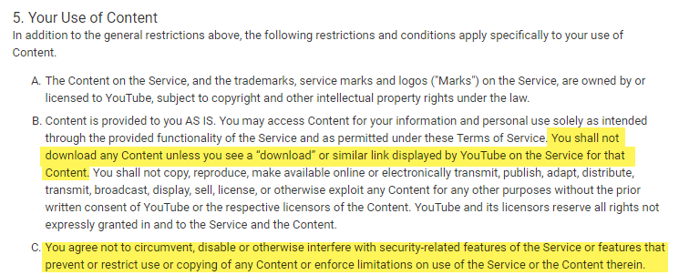 Section 5 of YouTube's Terms of Service
