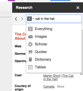 Inserting an image using the research tool in Google Docs