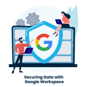 An image symbolizing data security with a shield protecting sensitive information and a checklist representing compliance, all surrounded by Google Workspace icons.